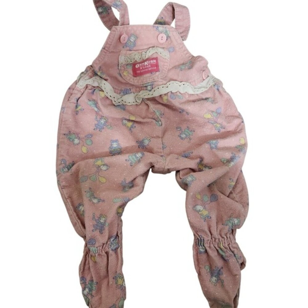 Vintage OshKosh vestback Pink Teddy Bear Print‎ Overalls Girl Footed Romper 6-9